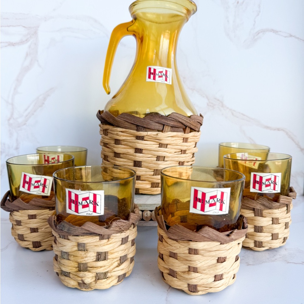 Vintage HiMark Italy Rattan Wrapped Glass Pitcher 6 Rocks Glasses NEW OLD STOCK